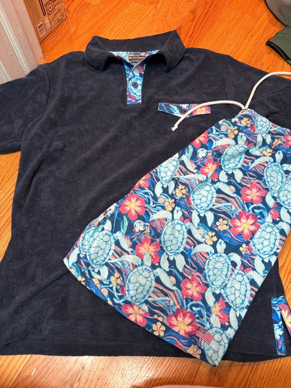 Weekenders Blue Floral Turtle Swim Trunks & terry cloth polo